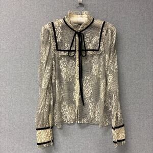 A Loves A Chantilly Lace Velvet Tie Blouse Cream Black Parisian Chic Large NWT